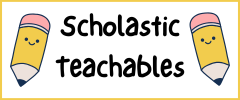 Two yellow pencils with pink erasers and happy faces. Text: Scholastic Teachables